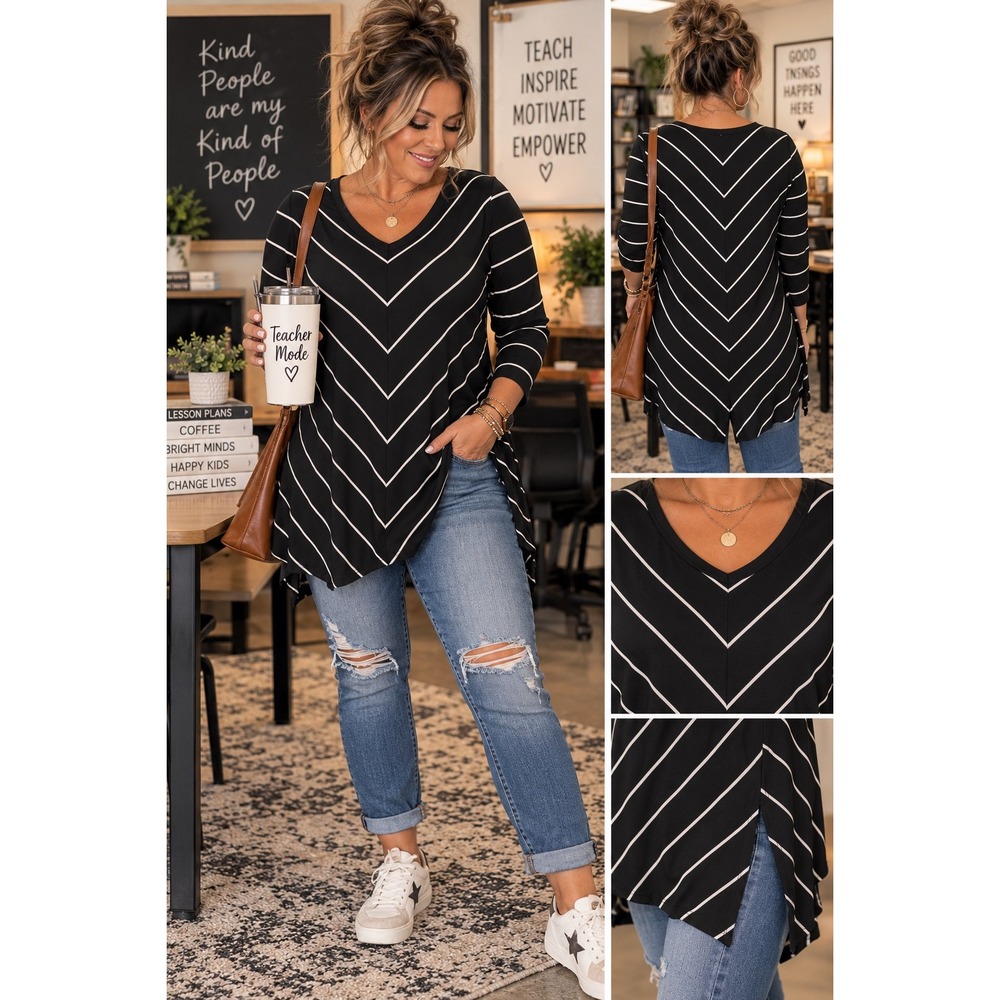 Larry Levine Tunic Top Large Black White Chevron Striped V-Neck 3/4 Sleeve